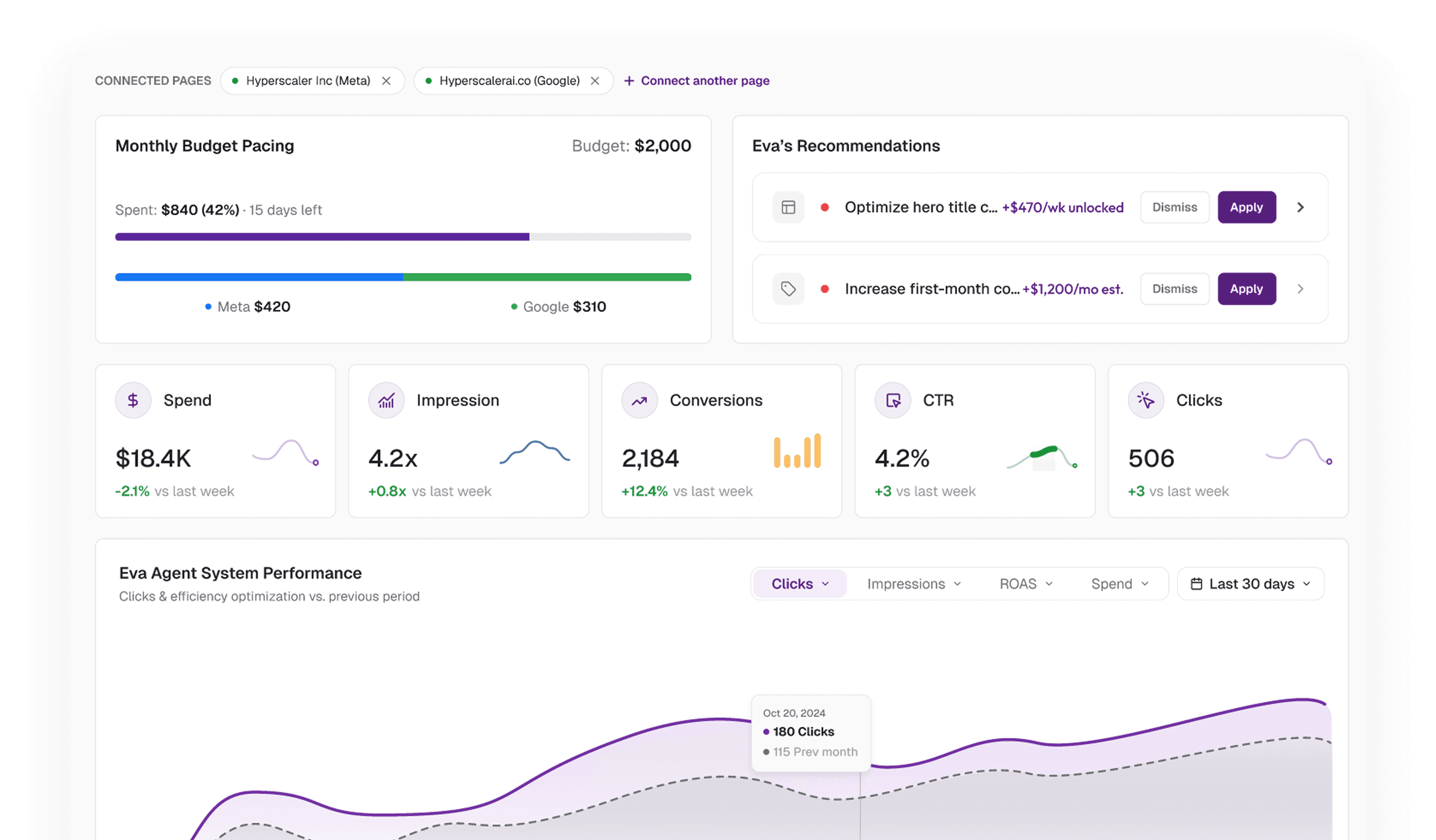 Eva marketing dashboard with connected pages, budget pacing, and performance